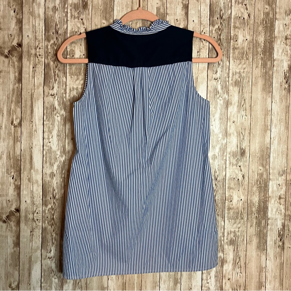 J. Crew Striped Blouse Size 0 Blue, Navy, and White with Button Front and Ruffle - Picture 3 of 3